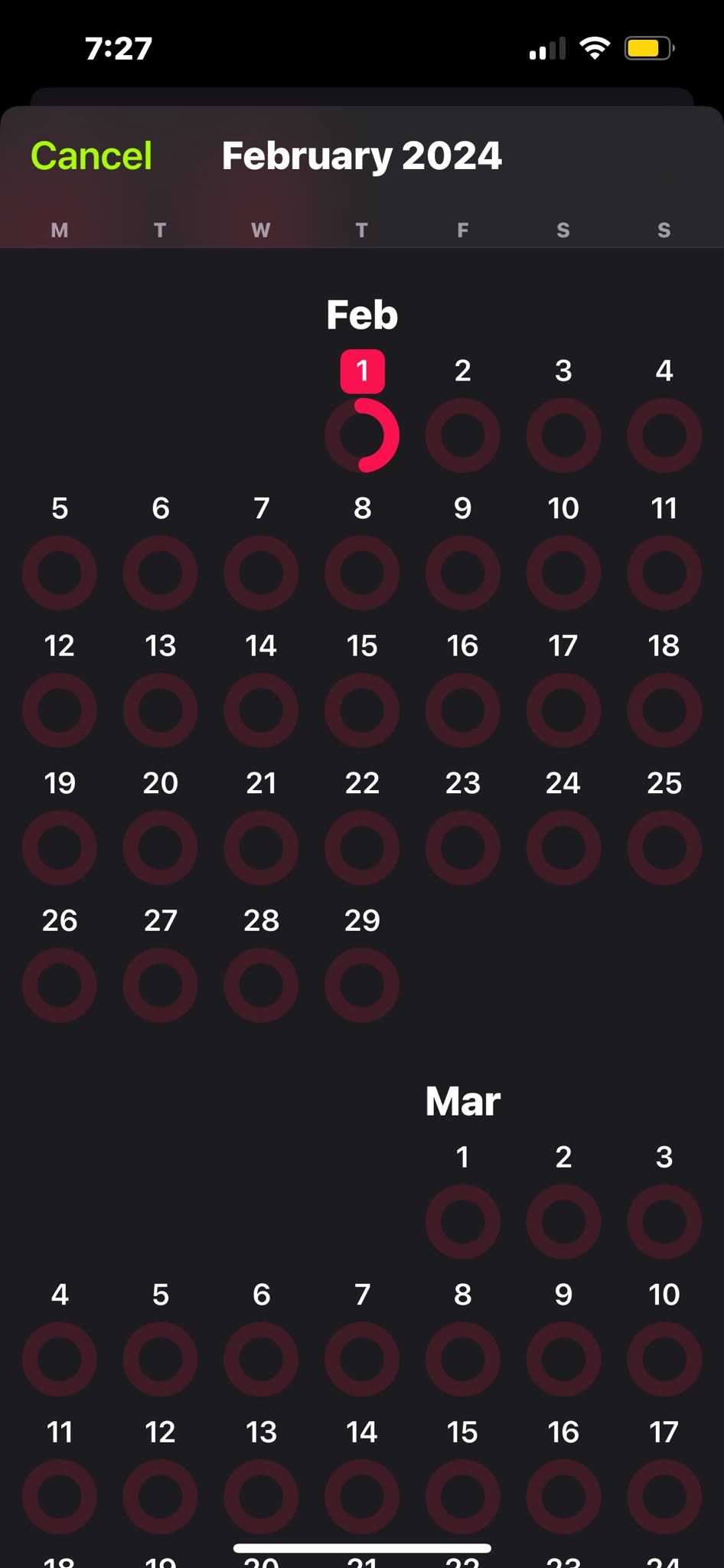 Просмотр календаря с записями тренировок в Фитнесе