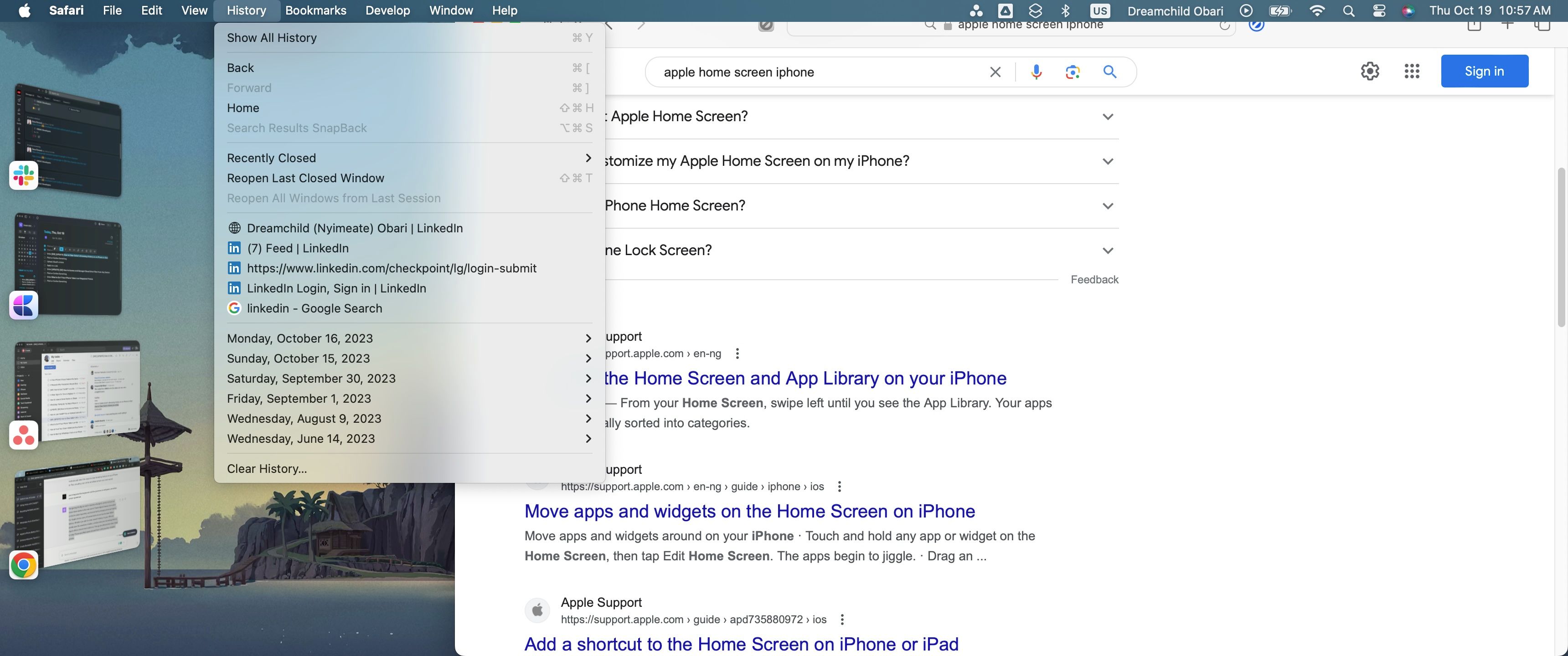 Меню История в macOS Safari