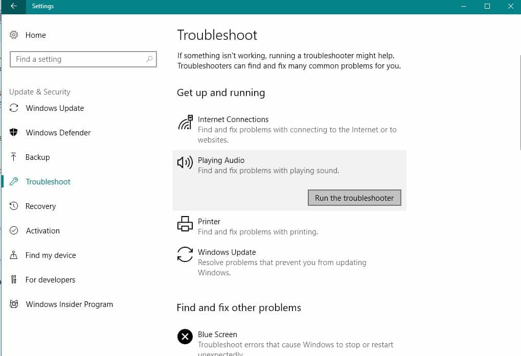 Окно устранения неполадок звука в Windows