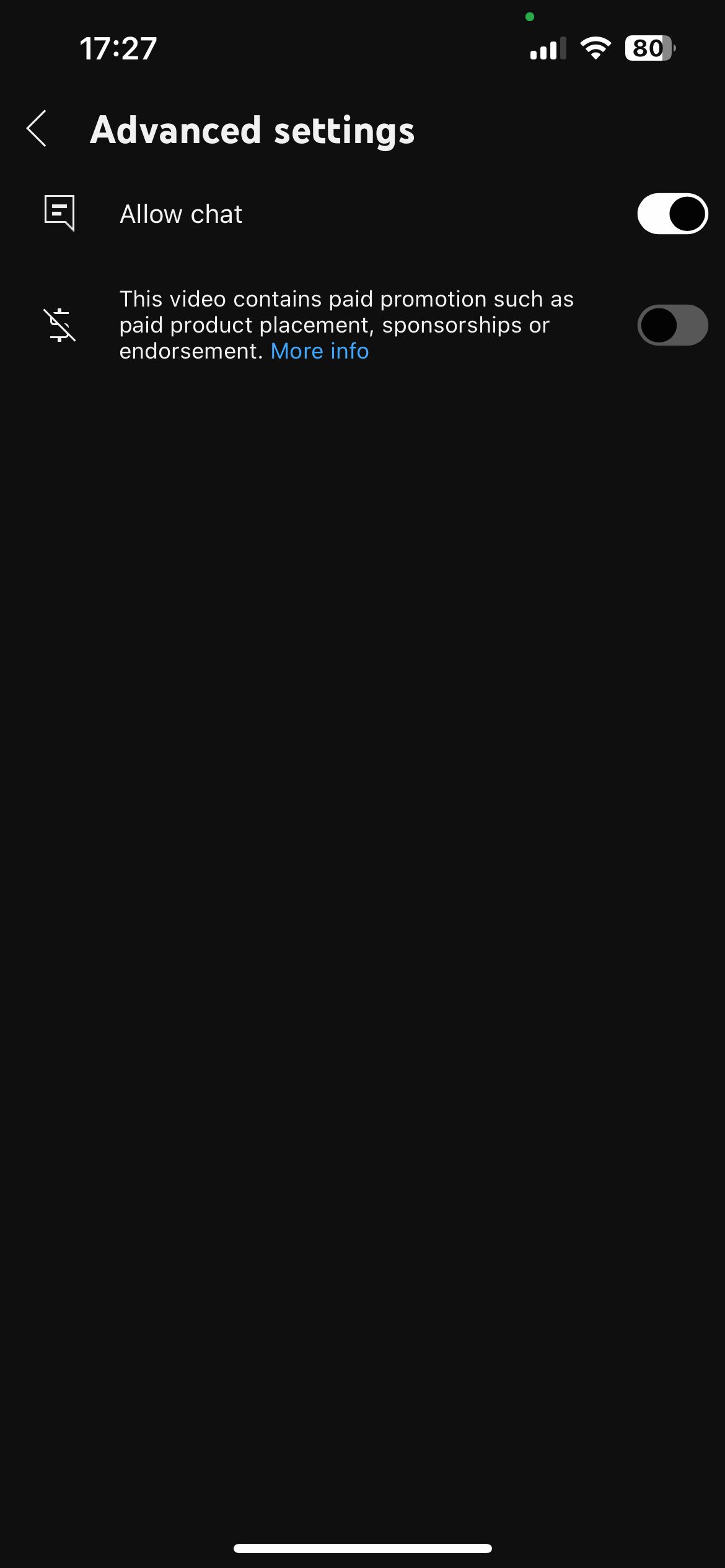 дополнительные настройки трансляции в приложении YouTube iOS