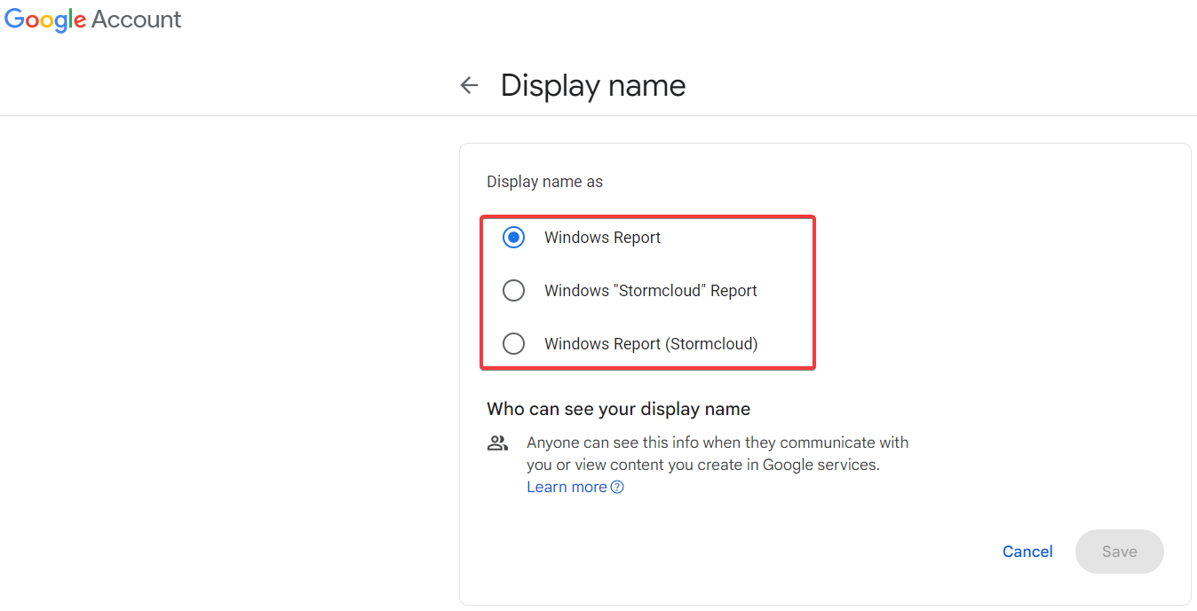 Варианты отображаемого имени