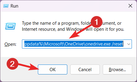 Команда сброса OneDrive в окне Run