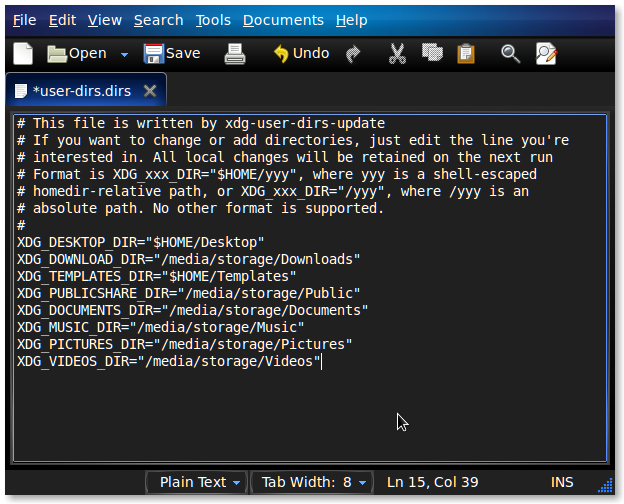 Окно gedit с user-dirs.dirs после правки