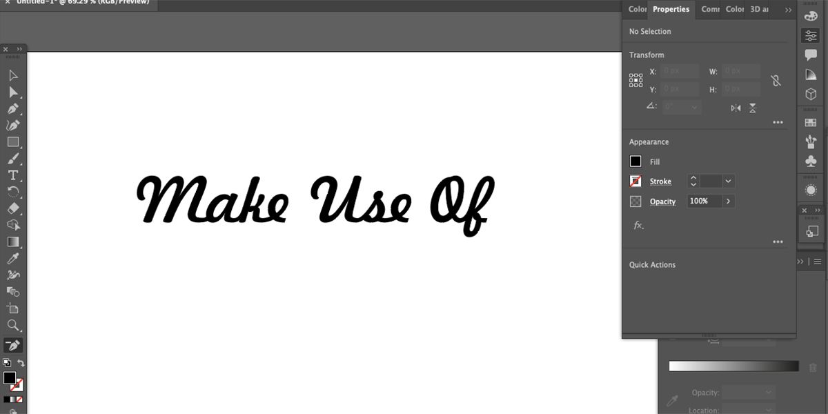 Белый холст с чёрно-белым градиентным текстом MakeUseOf.