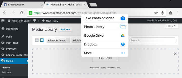 Диалог импорта в WordPress на iPad с опцией выбора Dropbox