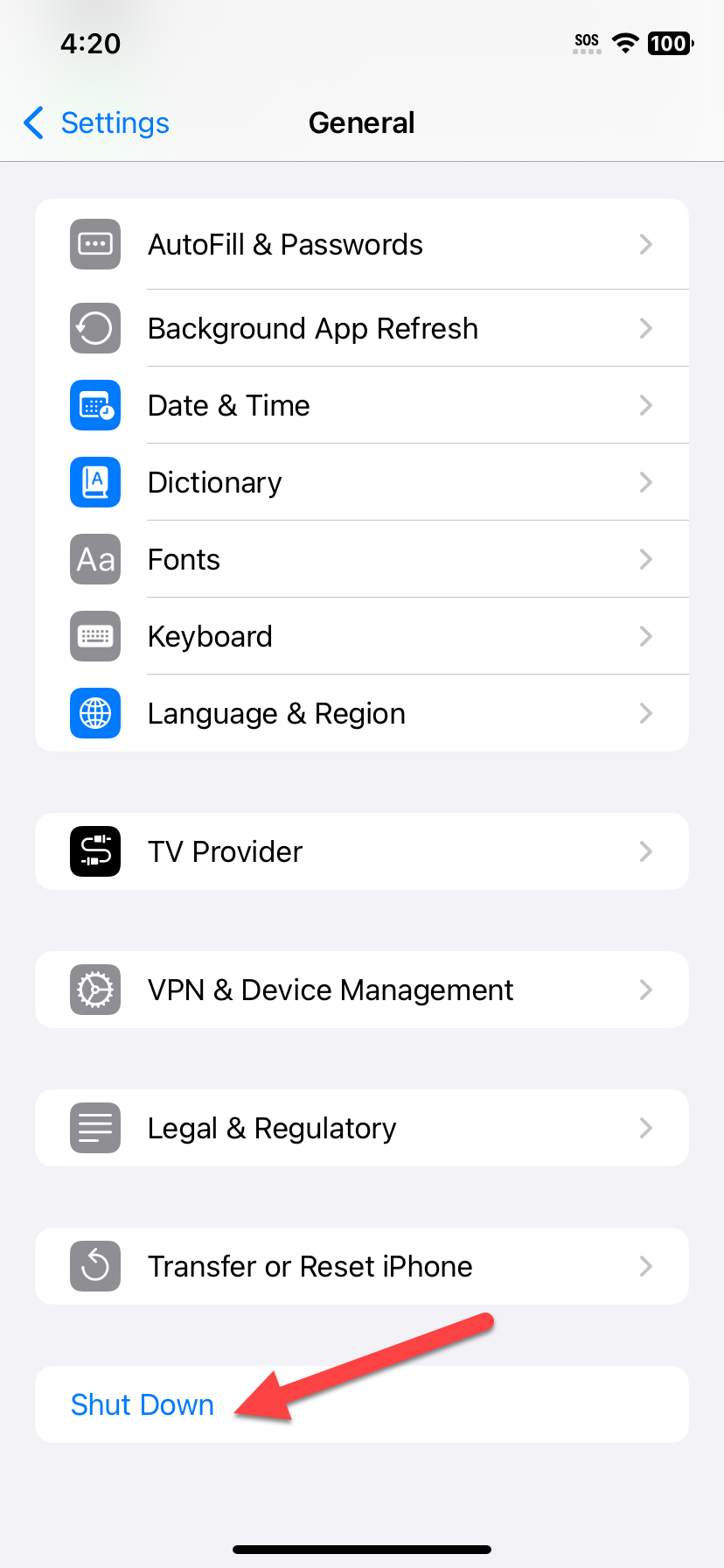 Экран Завершение работы в настройках iPhone