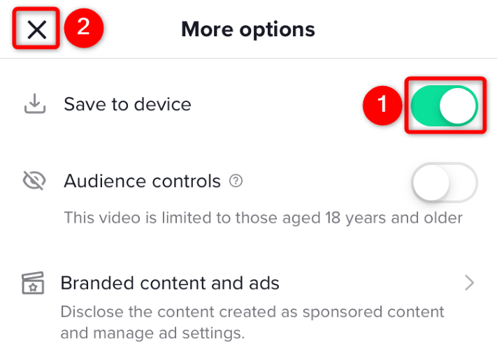 Переключатель «Сохранить на устройстве» и кнопка закрытия