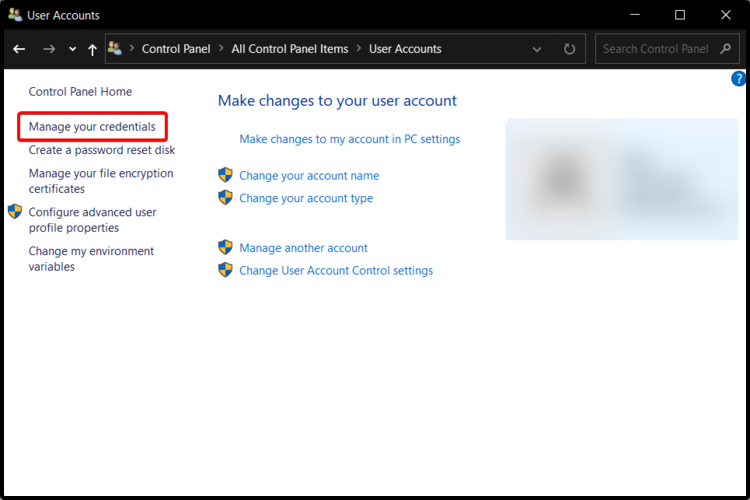Пункт меню 'Управление учётными данными' в Панели управления