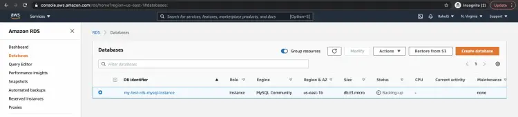 Проверка RDS-инстанса в консоли AWS