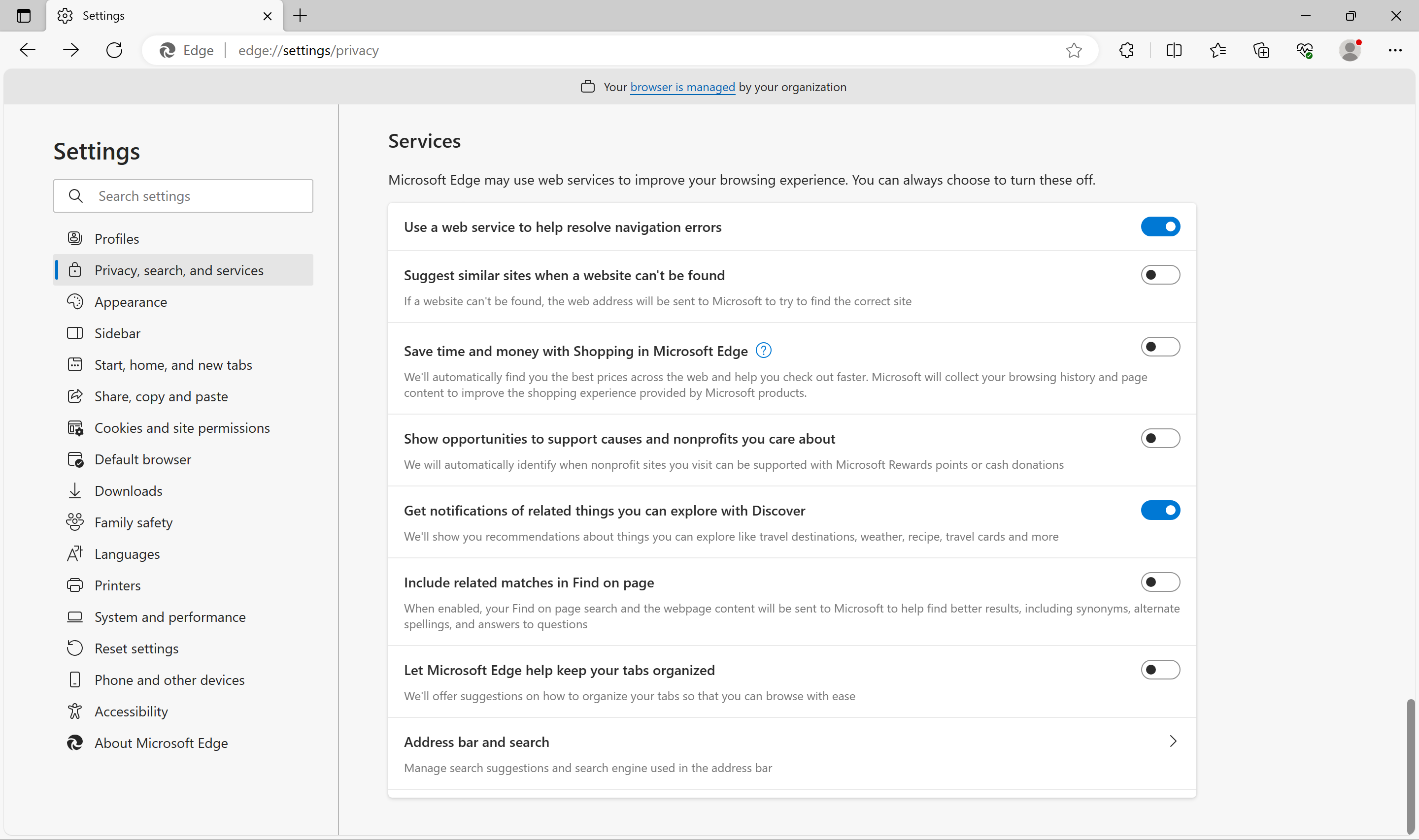 Настройки сервисов Microsoft Edge