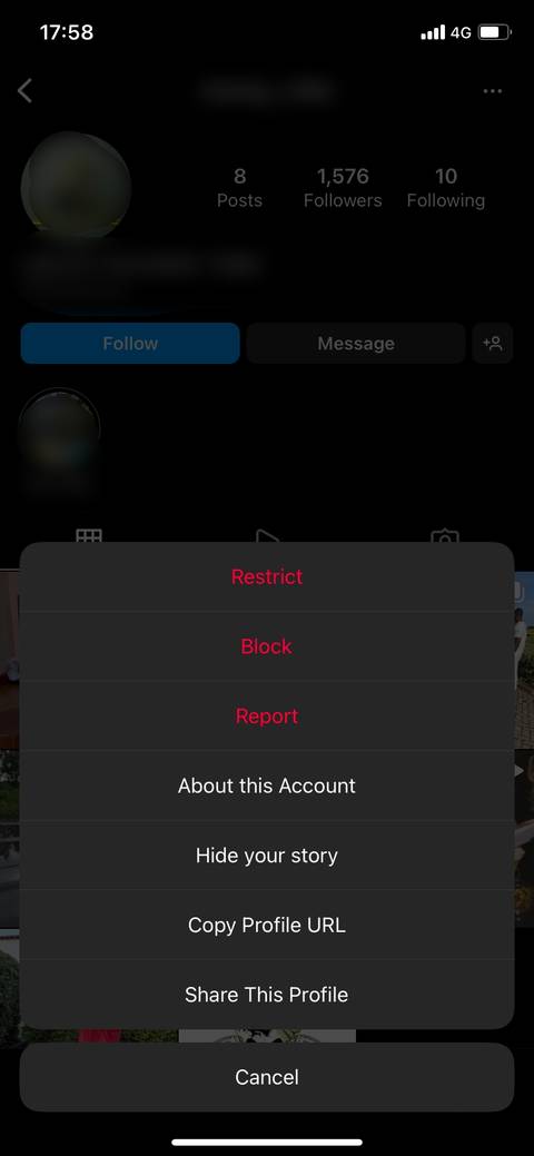 Всплывающее окно Instagram с опцией «О профиле»