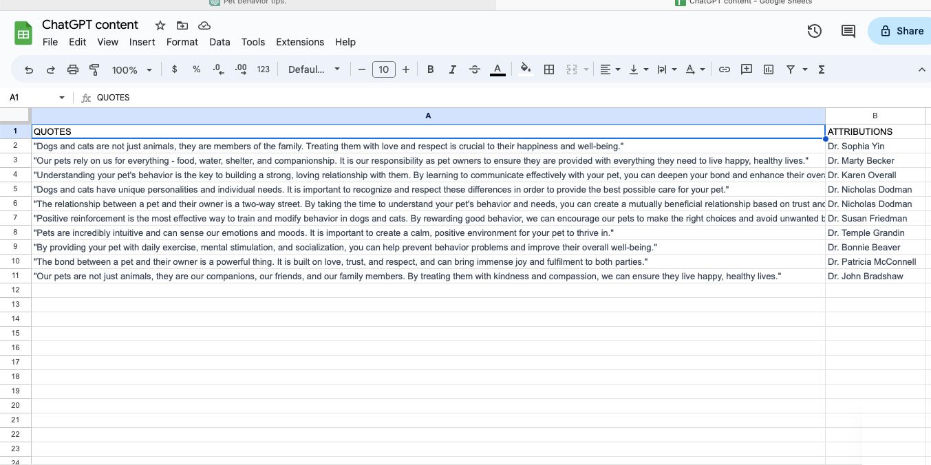 Google Sheets с метками QUOTES и ATTRIBUTION.
