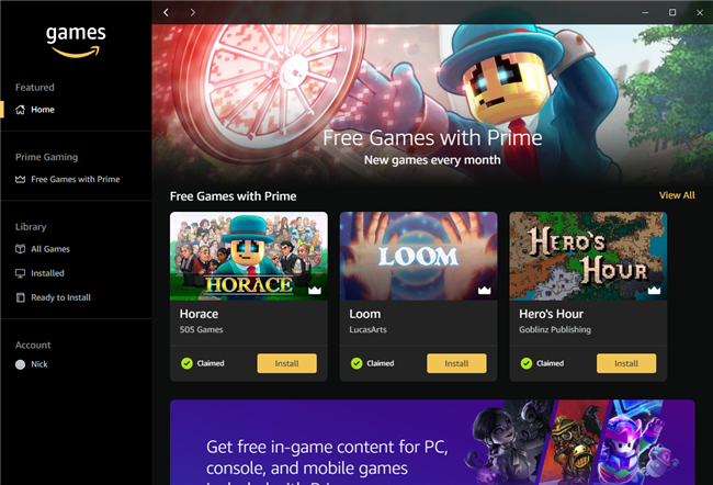 Главный экран приложения Amazon Games с подборкой игр месяца