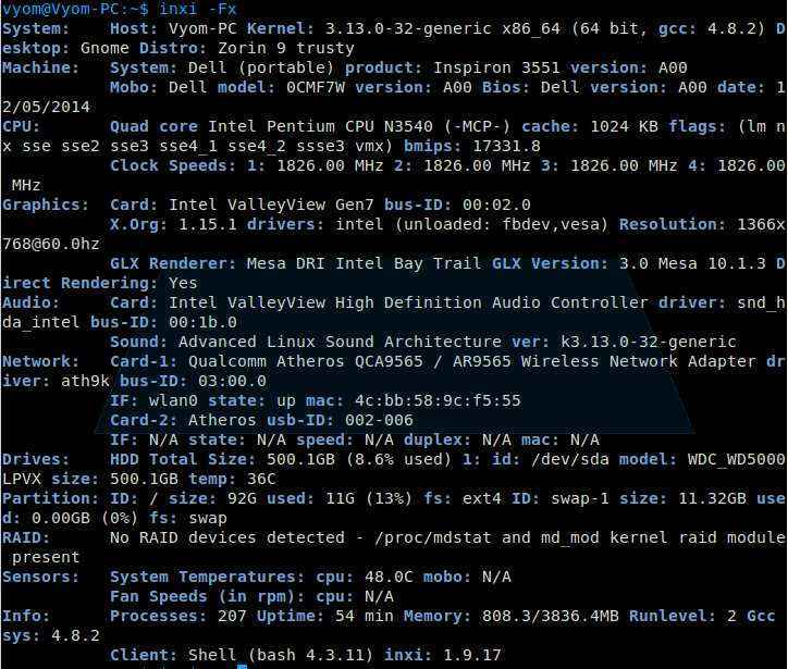 Пример отчёта inxi с обобщённой информацией о системе