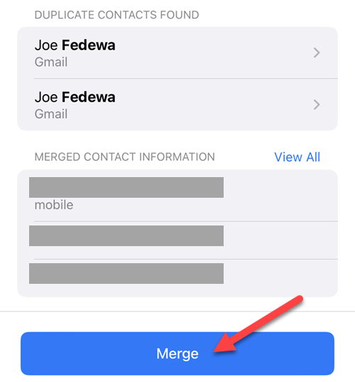 Просмотр информации перед объединением, подтверждение слияния.