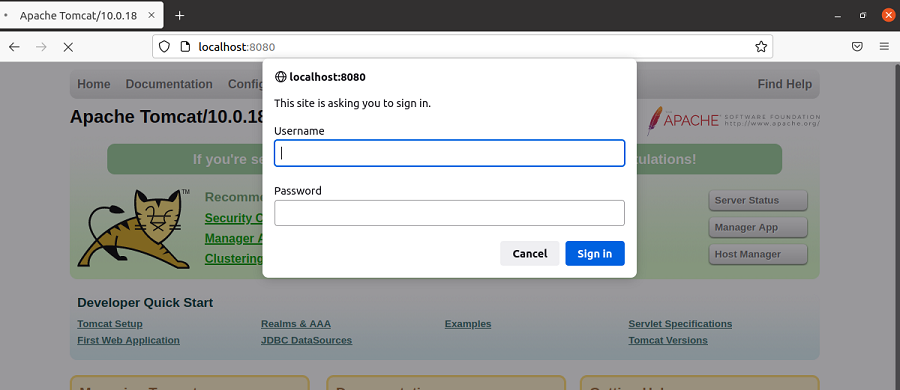 Окно запроса имени пользователя и пароля Tomcat-Server