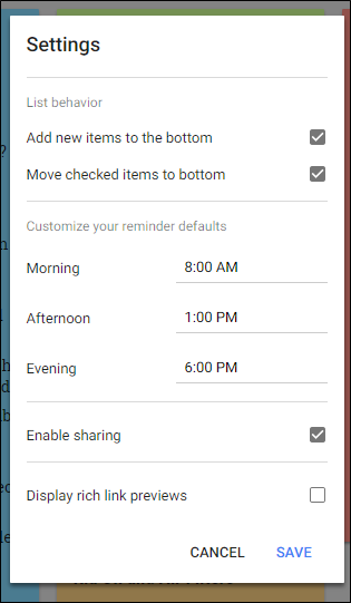 Параметры приложения Google Keep