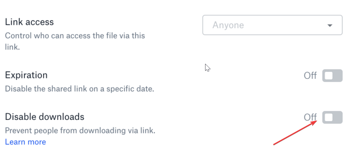 Отключение загрузки для ссылки в Dropbox