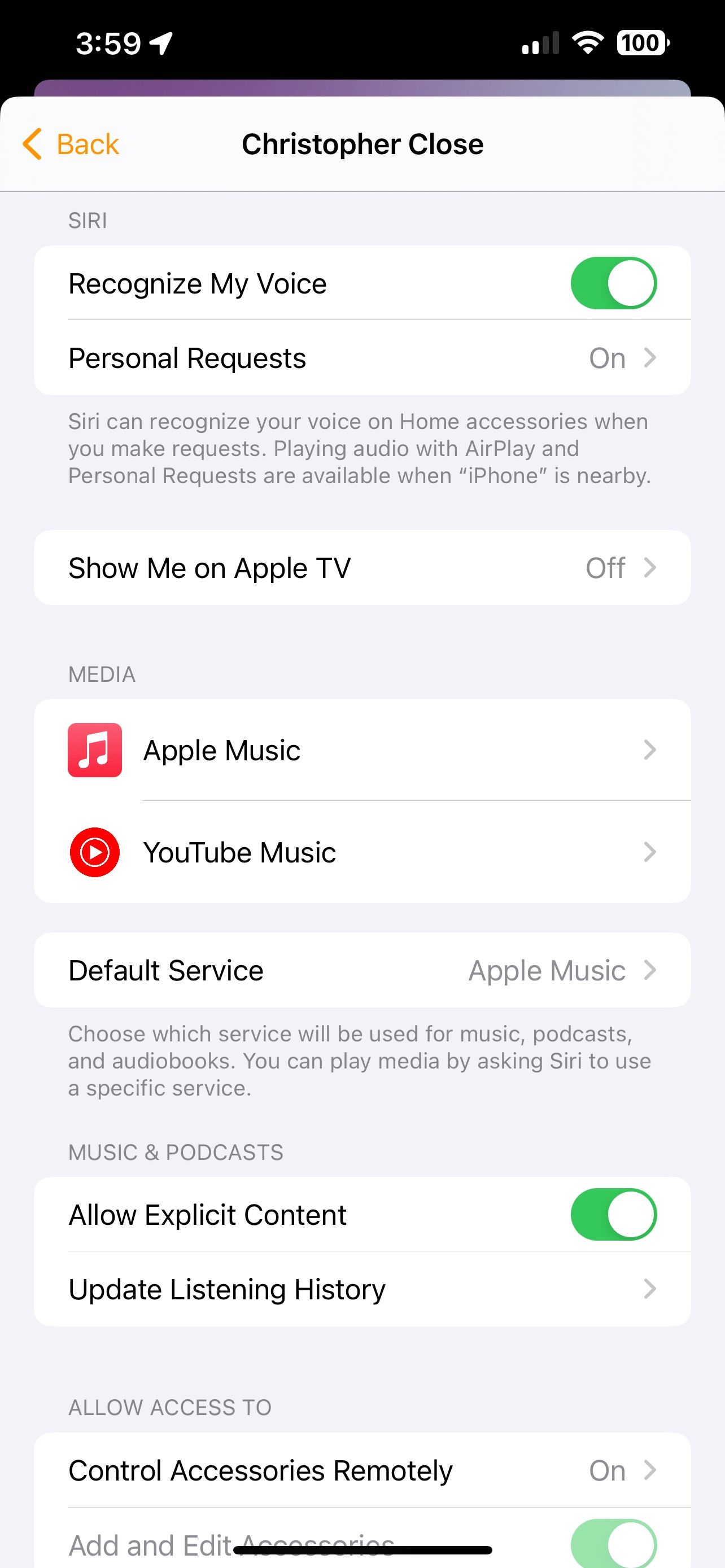 Home App iOS 17 User Account Settings with YouTube Music