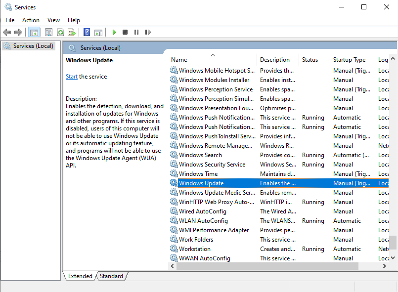Окно приложения Службы Windows — список служб