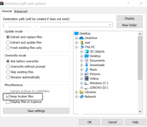 Настройка WinRAR — Сохранять повреждённые файлы