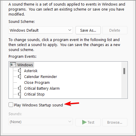Установка галочки для включения звука запуска