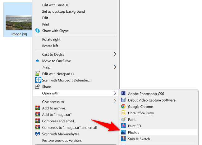 Контекстное меню «Открыть с помощью → Фотографии» в Проводнике.