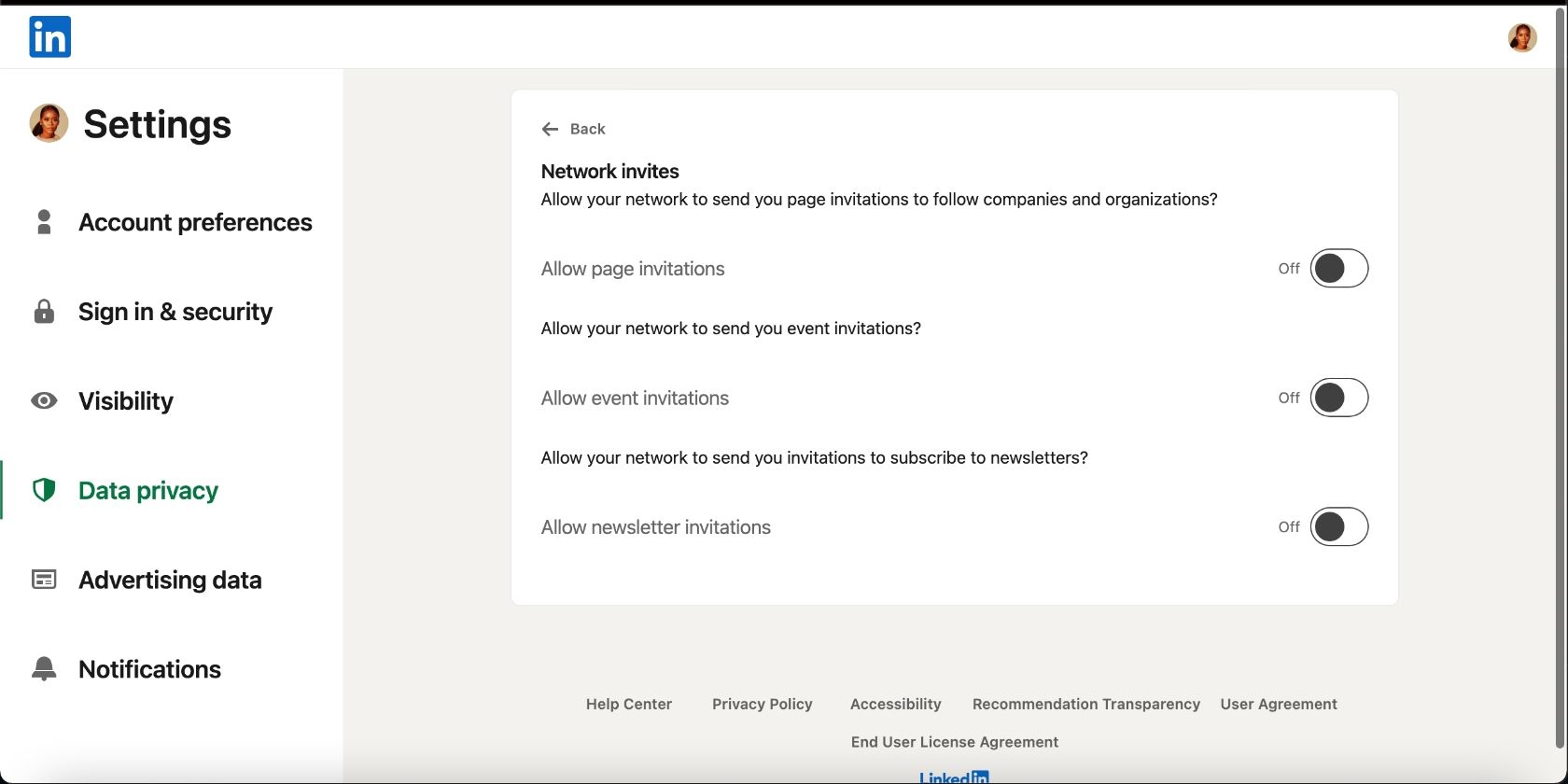Настройки LinkedIn на десктопе: отключение приглашений