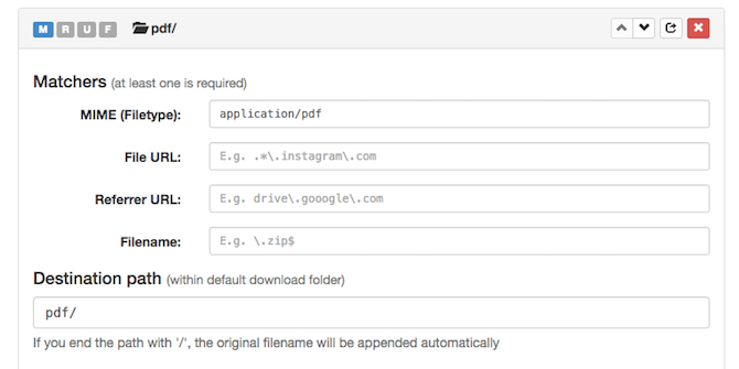 Интерфейс расширения RegExp Download Organizer — список правил