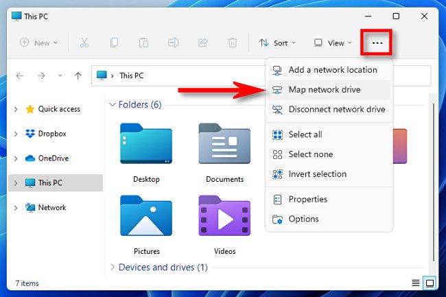 Панель Проводника с кнопкой многоточия; в меню выделен пункт «Подключить сетевой диск».