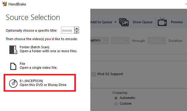 Окно HandBrake: панель выбора источника