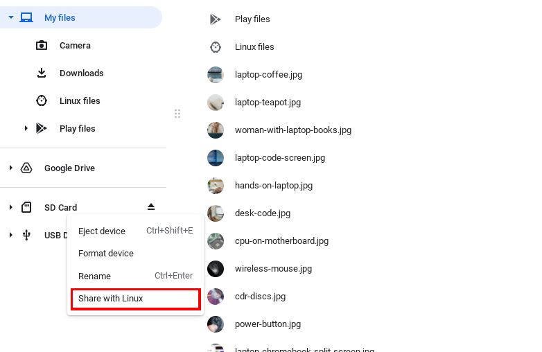 Меню «Поделиться с Linux» в приложении Файлы на Chromebook