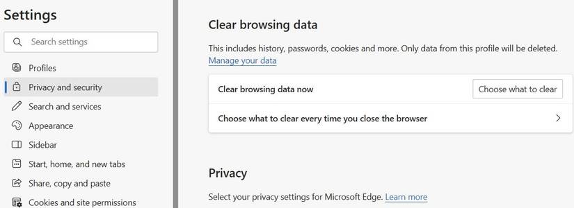 Очистка данных просмотра в Microsoft Edge