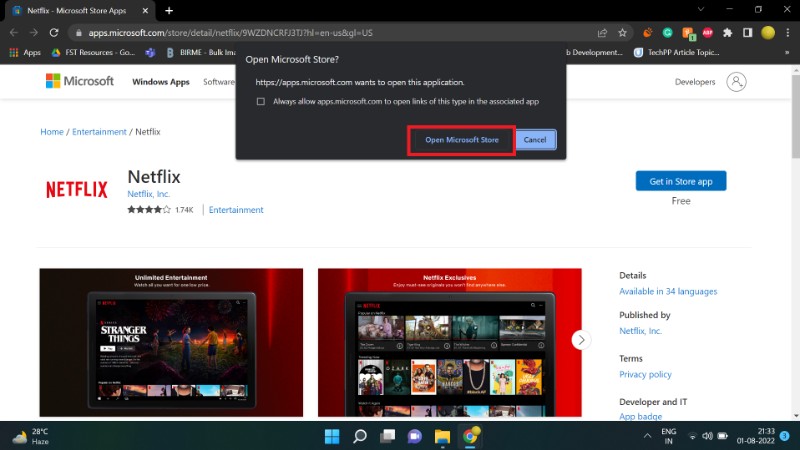 Кнопка Open Microsoft Store для установки приложения Netflix на Windows