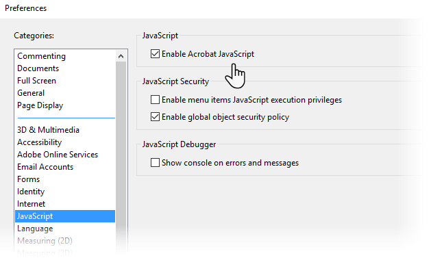 Параметр включения Acrobat JavaScript в настройках