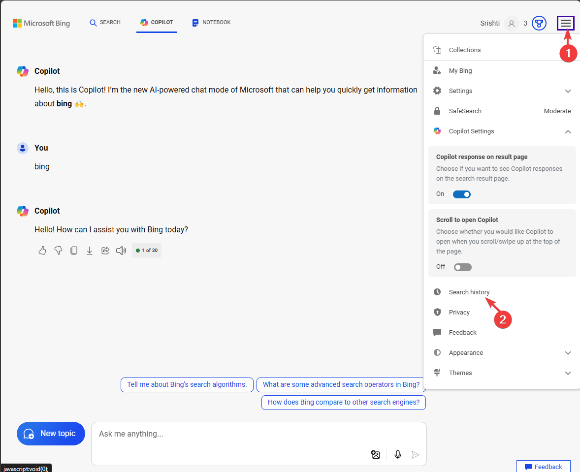 Меню «История поиска» в вкладке Copilot