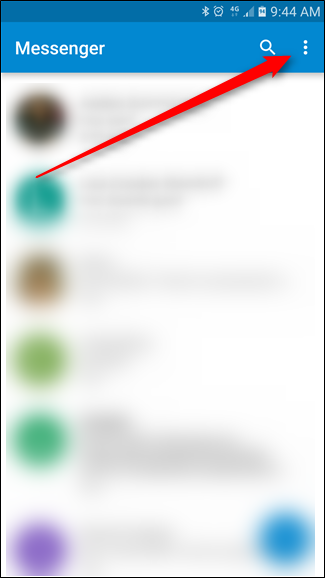 Главный экран Messenger: меню переполнения (три точки)