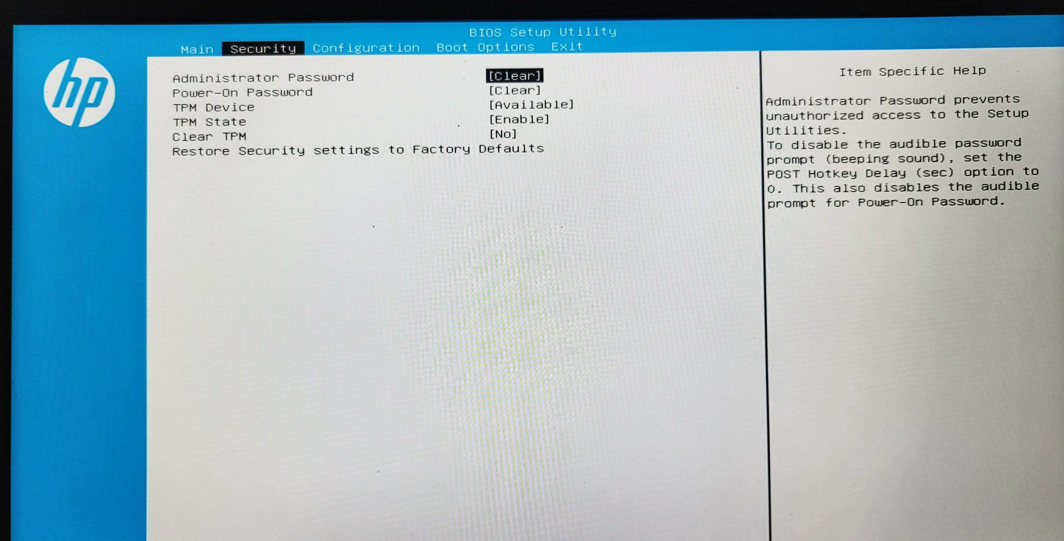 Окно BIOS — установка пароля администратора