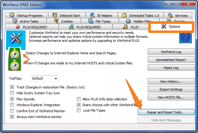 Параметры WinPatrol с таймерами и отчетами