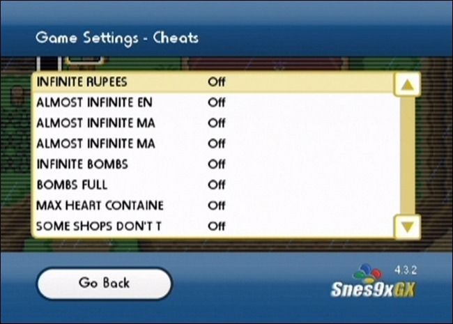 Выбор читов в Snes9x GX