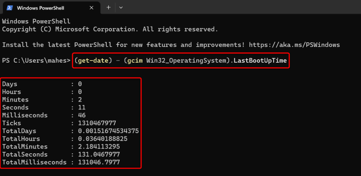 Результат выполнения команды PowerShell с информацией о времени работы