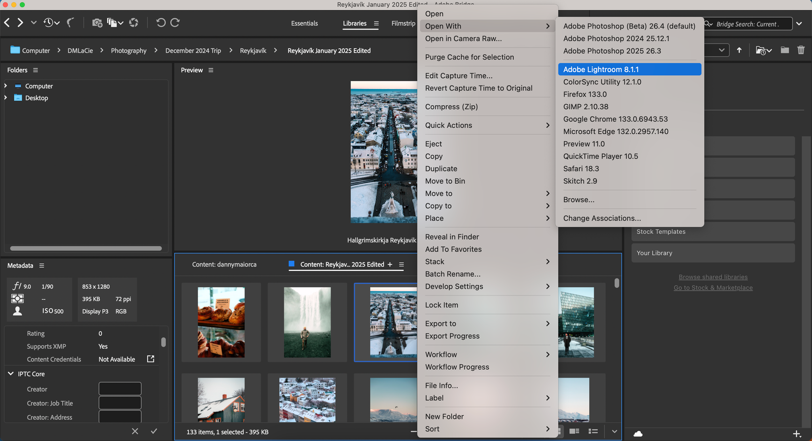 Открытие изображения из Adobe Bridge в разных приложениях Adobe