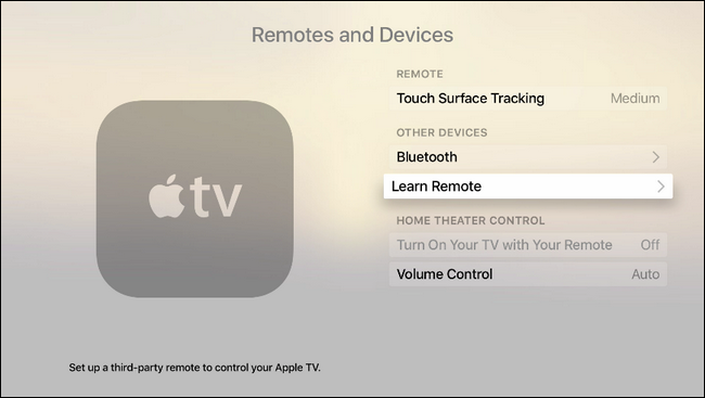 Обучение ИК-пульта: меню Apple TV с выделенной опцией обучения