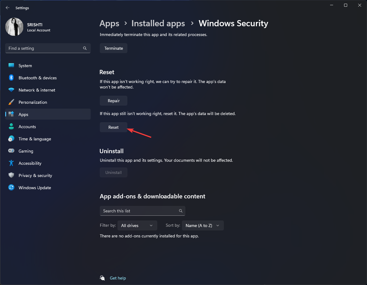 Кнопка Reset для восстановления приложения Windows Security