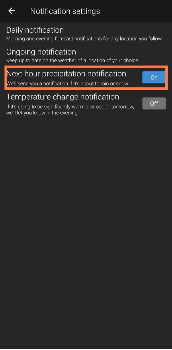 Включить уведомления о осадках в следующем часу