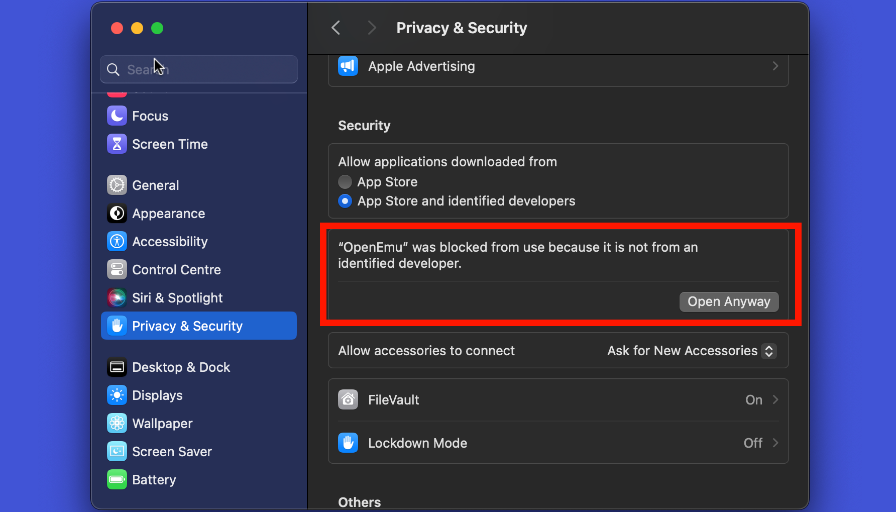 Настройка macOS, позволяющая открыть потенциально небезопасное приложение.