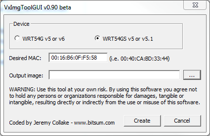 VxImgToolGUI — выбор модели и ввод MAC для создания образа
