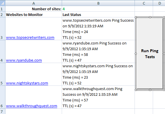 Результаты пинга на листе Excel с временем и TTL