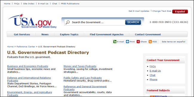 Скриншот каталога подкастов правительства США с тематическими разделами
