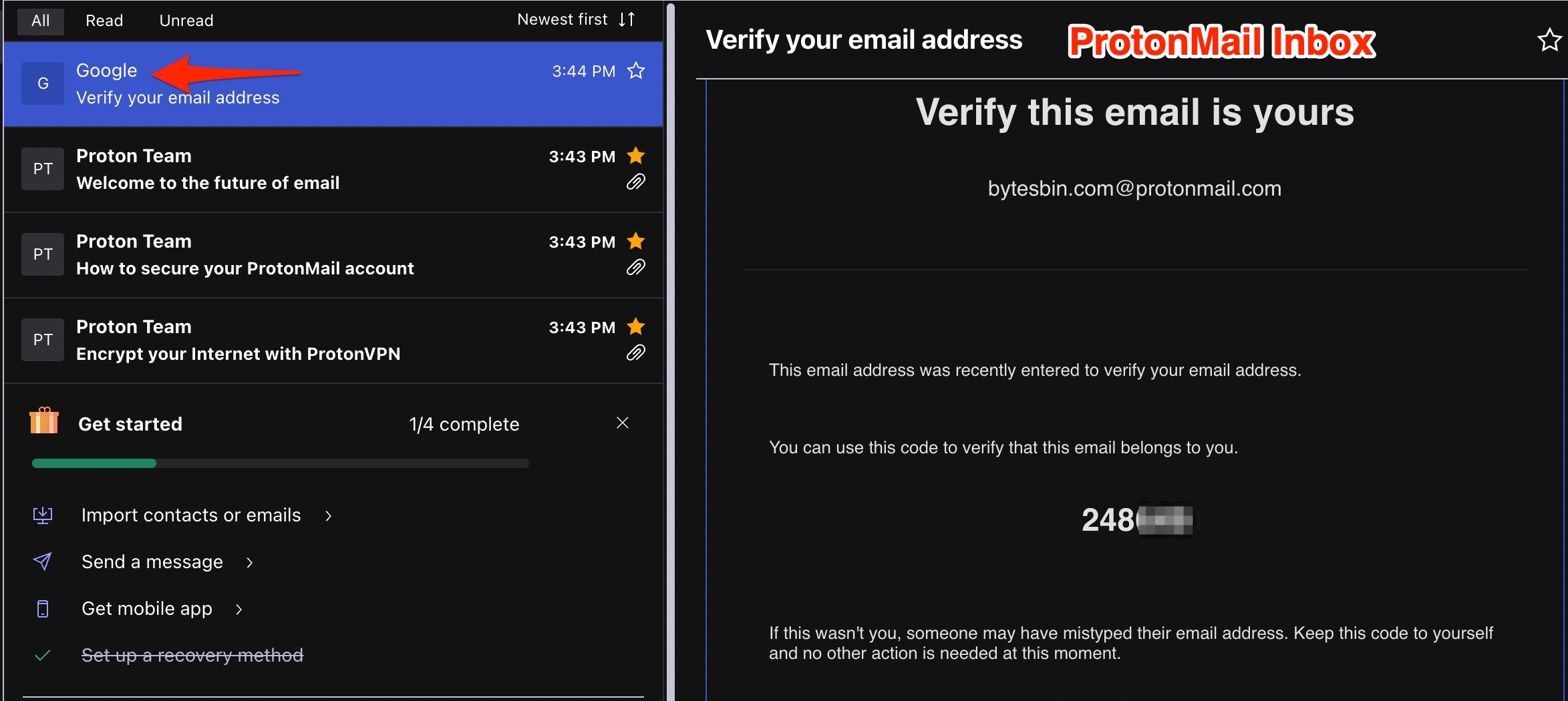 Notificação de código enviado para a caixa de entrada do e-mail